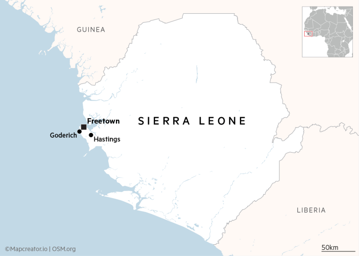 Mapa de Sierra León que muestra la capital Freetown, Goderich y Hastings