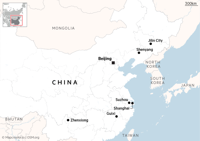 Mapa que muestra las ubicaciones de las ciudades de Jilin, Shanghai, Suzhou, Zhenxiong y Guixi en China