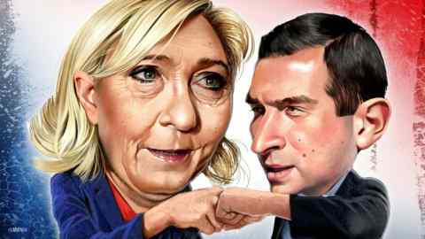 Ilustración de Joe Cummings de personas en las noticias: Marine Le Pen y Jordan Bardella.