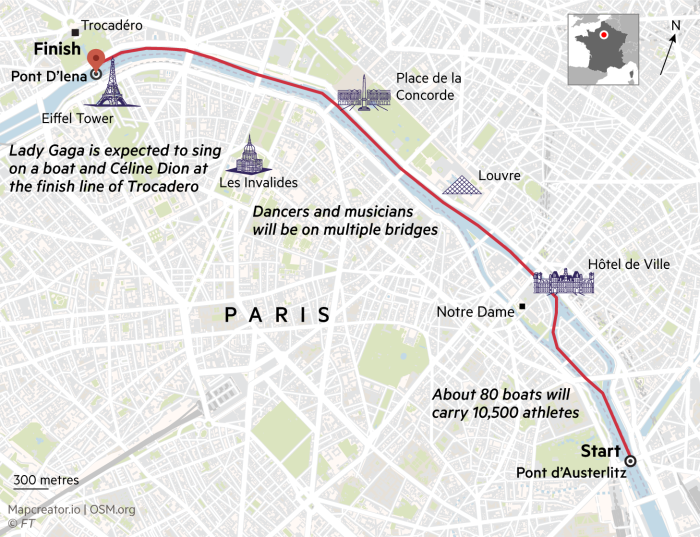 Mapa que muestra el recorrido del desfile de barcos por el río Sena con motivo de la ceremonia de apertura de los Juegos Olímpicos de París