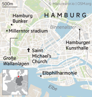 Mapa que muestra la ubicación del Búnker de Hamburgo, así como otros puntos de interés cercanos