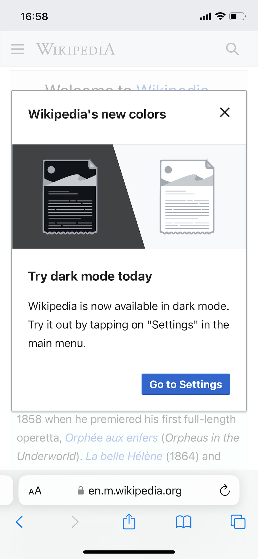 Wikipedia sugiere automáticamente el modo oscuro en la vista móvil