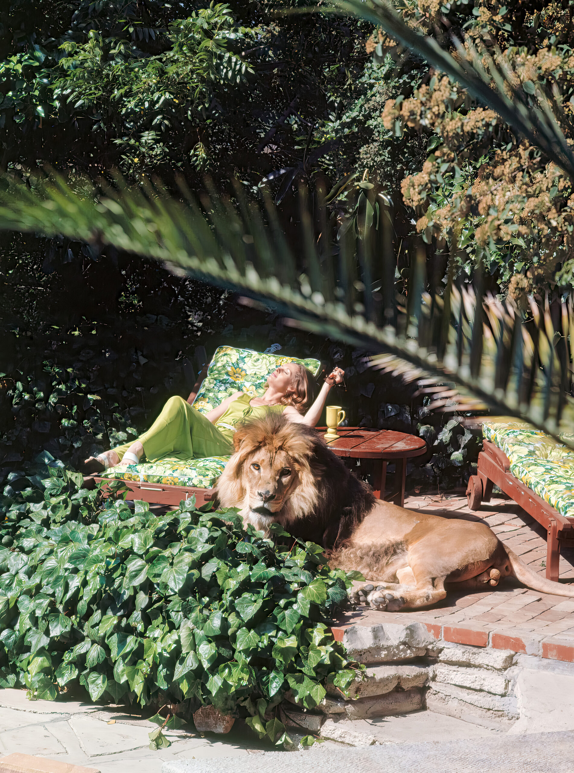 Tippi Hedren y su león mascota Neil toman el sol en el jardín de su casa en Sherman Oaks, California, mayo de 1971.