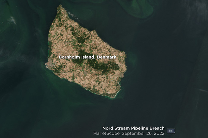 Fotografía satelital de la fuga del Nord Stream 2 cerca de la isla danesa de Bornholm