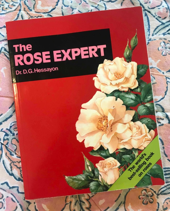 La imagen muestra un libro titulado “El experto en rosas” del Dr. DG Hessayon. Su cubierta es predominantemente roja, con una gran ilustración de rosas blancas y amarillas claras.