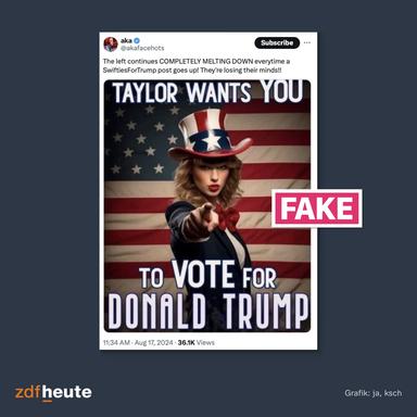 La imagen muestra un meme también compartido por Donald Trump. Muestra a Taylor Swift como el Tío Sam y supuestamente pide que la gente vote por Trump. 