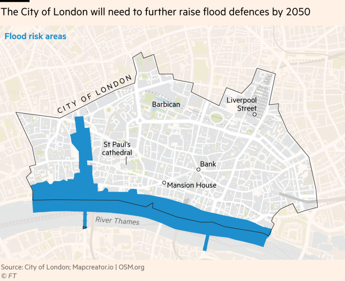 Mapa de áreas de riesgo de inundaciones alrededor de la ciudad de Londres.