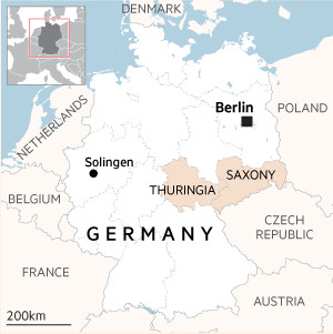 Mapa que muestra la ciudad de Solingen y los estados de Turingia y Sajonia en Alemania