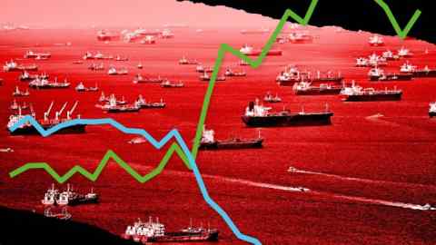 Montaje de barcos comerciales en el estrecho de Singapur y un gráfico lineal