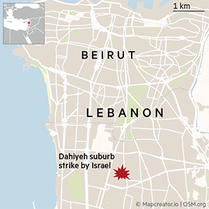 Mapa que muestra el ataque israelí contra el suburbio de Dahiyeh en Líbano