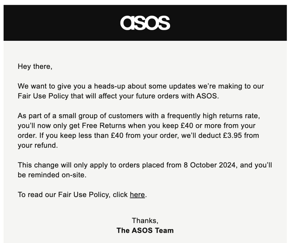 Un correo electrónico enviado a un cliente de Asos para informarle del cambio.