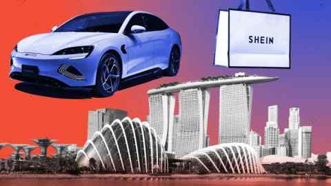 Montaje de imágenes de un coche eléctrico, una bolsa de compras de Shein y el skyline de Singapur