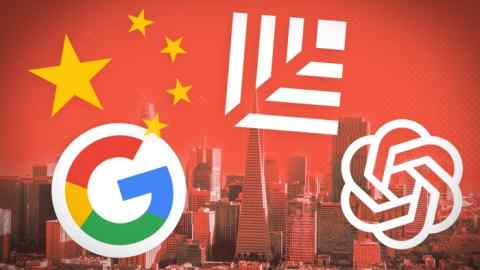 Montaje de los logotipos de Google, Sequoia Capital y OpenAi sobre el horizonte de San Francisco y la bandera china