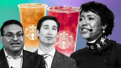 Montaje de Laxman Narasimhan, Brian Niccol y Mellody Hobson y algunas bebidas de Starbucks