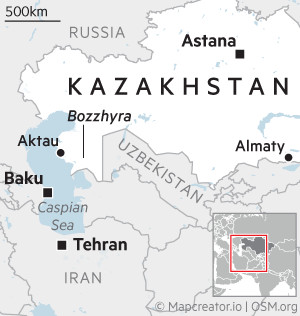 Mapa que muestra las ubicaciones de Aktau, Almaty, Bozzhyra y Astana en Kazajstán, así como Bakú en Azerbaiyán y Teherán en Irán