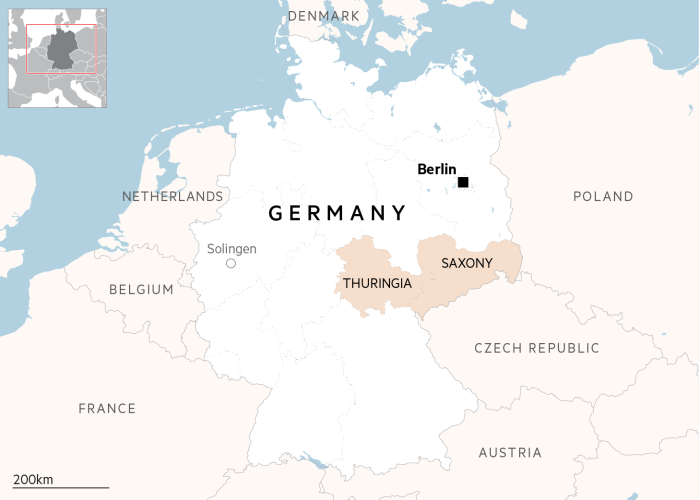 Mapa que muestra las regiones de Turingia y Sajonia en Alemania