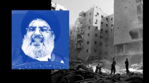 Imagen combinada del líder de Hezbolá, Hassan Nasrallah, y el lugar de su asesinato en los suburbios del sur de Beirut, Líbano, domingo 29 de septiembre de 2024.