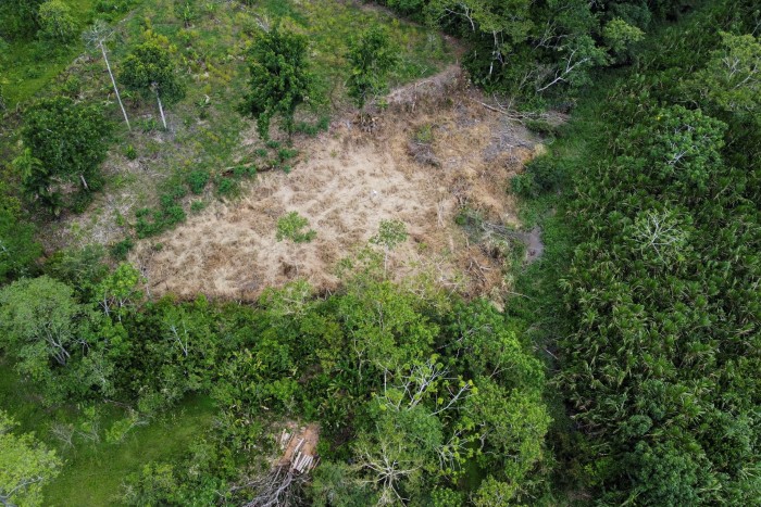 Vista aérea del área deforestada en la selva amazónica en el área de Puerto Asís de Colombia