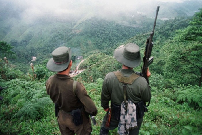 Combatientes de las Farc vigilando el paso de Berlín cerca de Florencia, Colombia