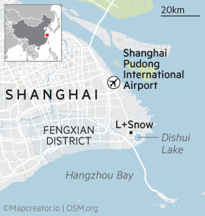 Mapa de Shanghai que muestra L+Snow, el aeropuerto internacional de Shanghai Pudong y el distrito Fengxian