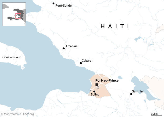 Mapa que muestra una vista detallada de parte de Haití, centrándose en Puerto Príncipe y sus regiones vecinas.