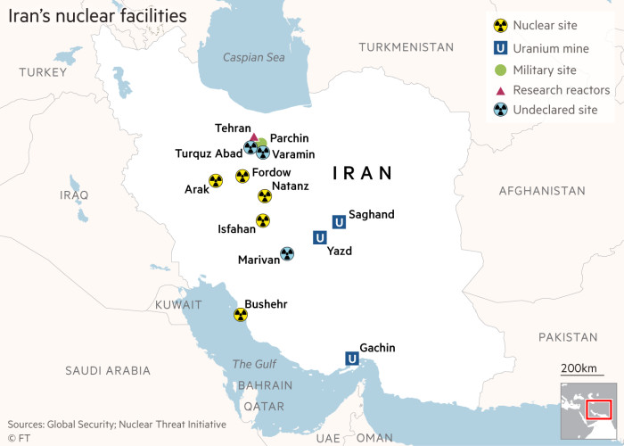 Mapa que muestra sitios nucleares en todo Irán