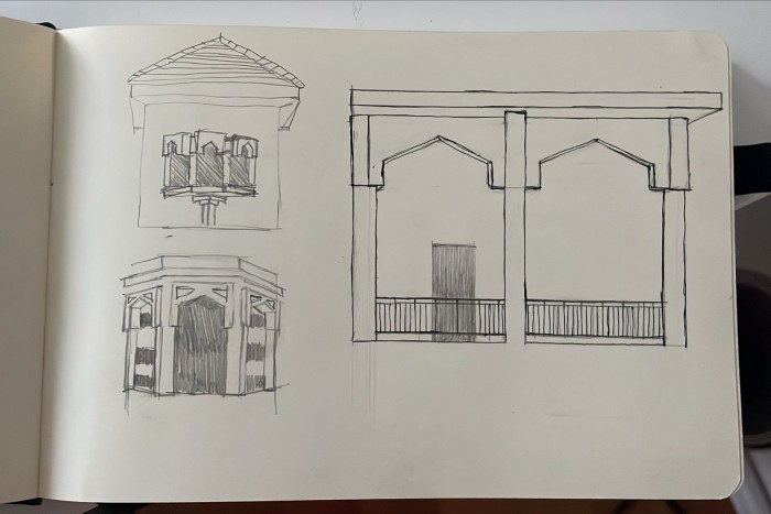 Bocetos de los arcos y la fachada de la casa.