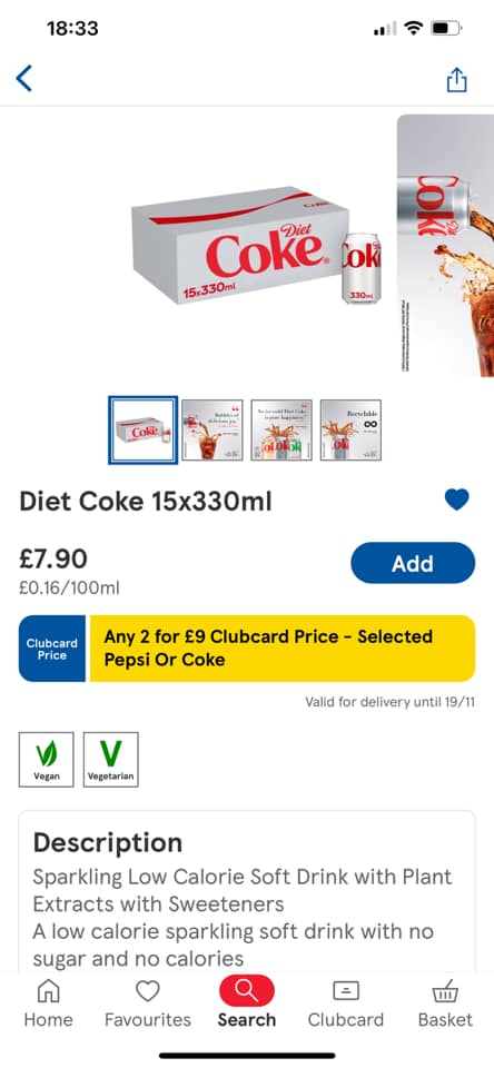 Puedes comprar dos lotes de 15 Coca-Colas Light por £9 con una Tesco Clubcard