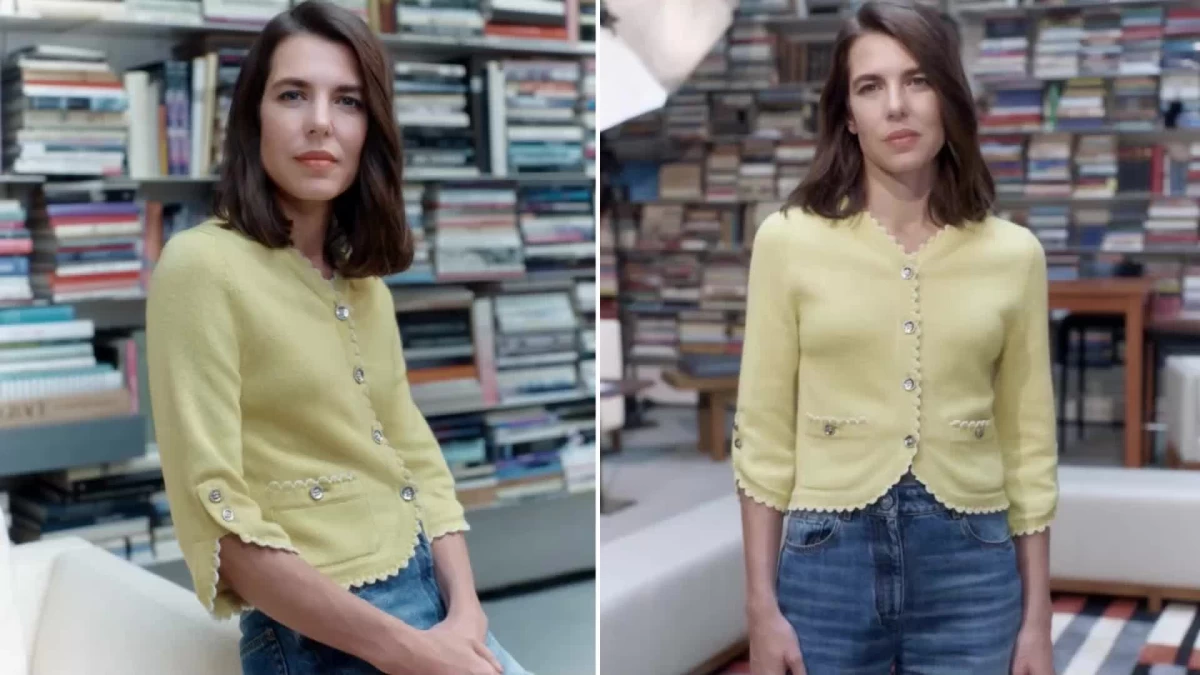 Charlotte Casiraghi con cárdigan amarillo y jeans Chanel: look cómodo y elegante para la cita literaria