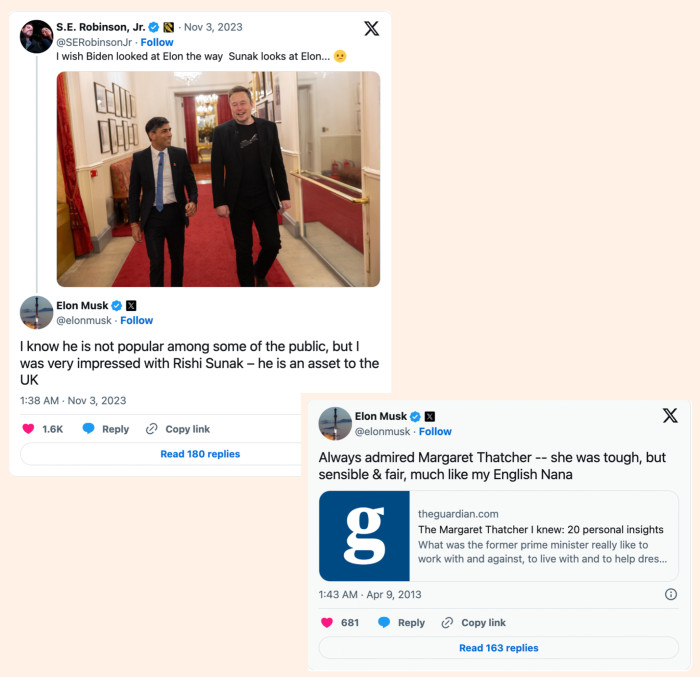 Un tweet de Elon Musk con una foto de él con el entonces primer ministro conservador Rishi Sunak y Musk tuiteando sobre Margaret Thatcher.