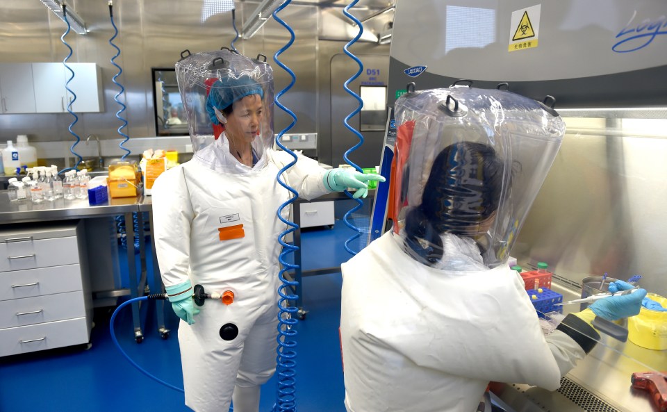 Dos científicos en trajes protectores trabajan en un laboratorio.