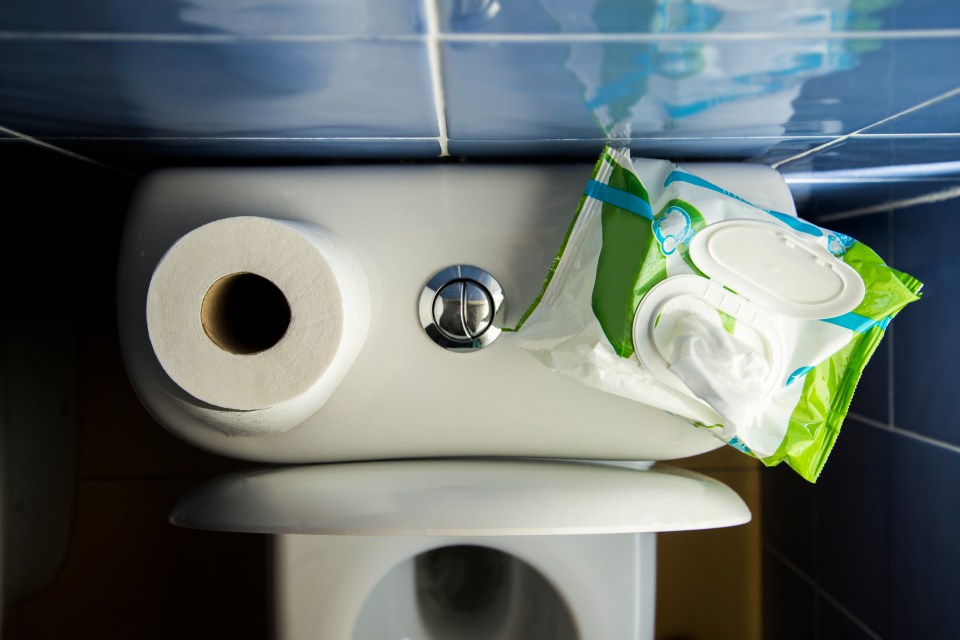 Papel higiénico y toallitas húmedas en un inodoro.