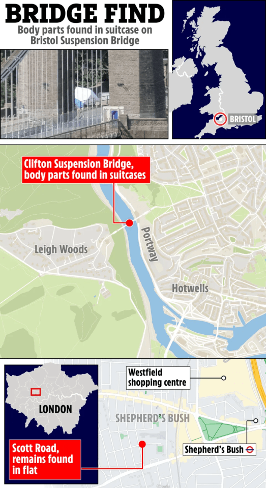 Ilustración de mapas que muestran ubicaciones donde se encontraron partes del cuerpo en maletas, incluido Bristol Suspension Bridge y Shepherd's Bush.