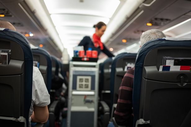 Vista trasera de las personas que vuelan en el avión con la azafata que sirve refrescante.