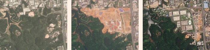 Las imágenes muestran un sitio de campo verde, trabajos de construcción y luego un sitio de fábrica completado