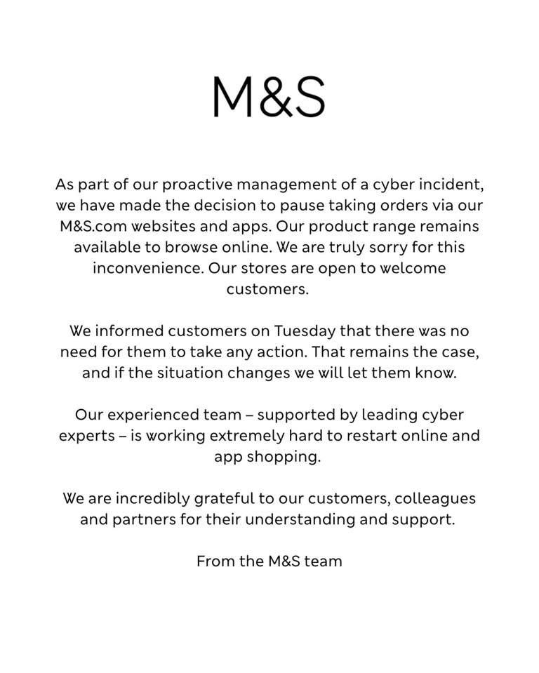 Declaración de M&S sobre un ataque cibernético.