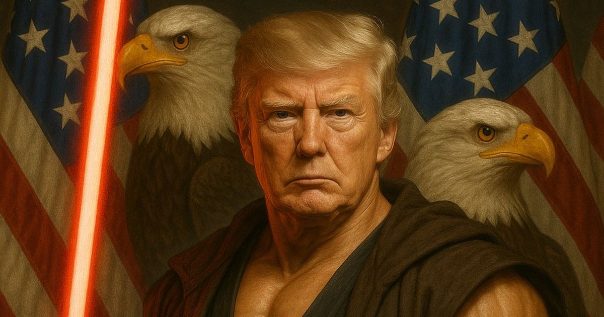 Donald Trump luce músculos abultados y sable de luz en