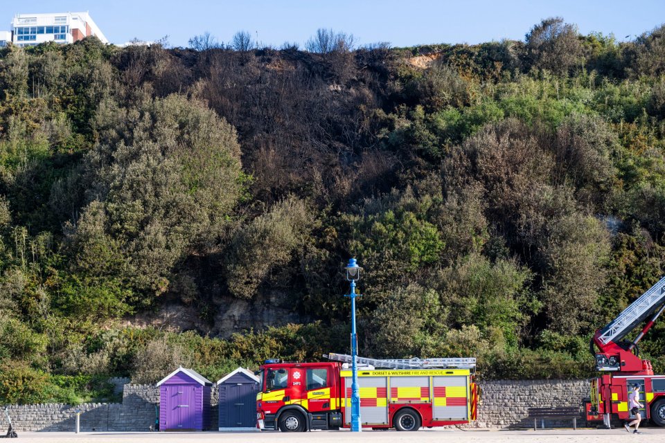 Estruces de fuego en Bournemouth Beach después de un incendio forestal en el acantilado.