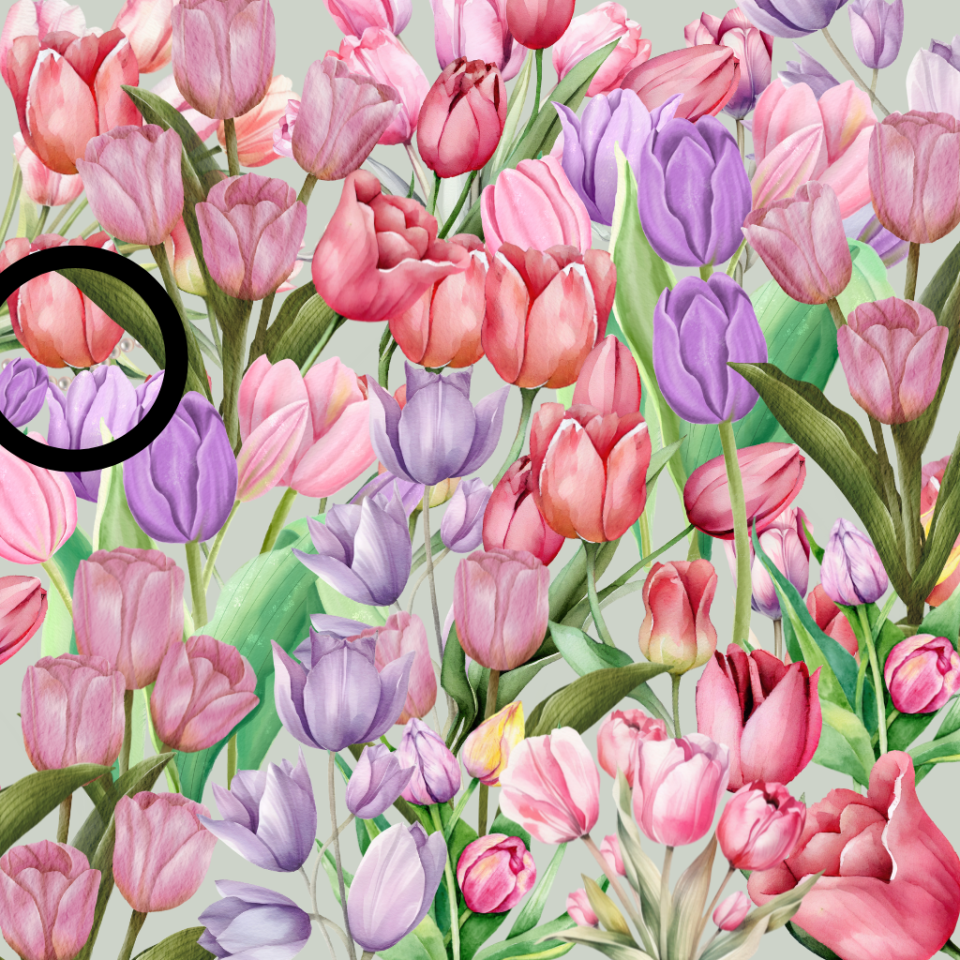 Ilustración de tulipanes; Un collar de perlas está oculto entre ellos.