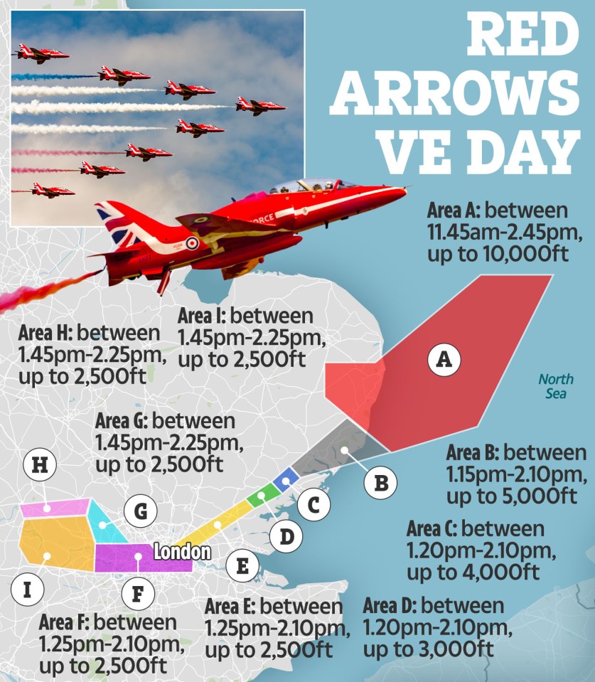 Ilustración de la ruta de vuelo VE Day de las Flechas Rojas sobre Londres.