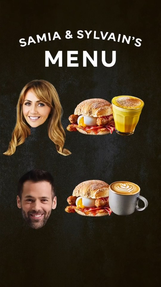Ilustración del menú de Samia y Sylvain con sándwiches de desayuno y bebidas de café.