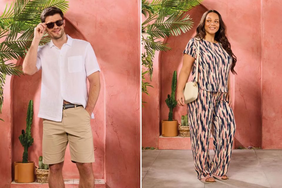 Un collage de imágenes que contiene 2 imágenes, la imagen 1 muestra al hombre con camisa blanca y pantalones cortos de chino beige, la imagen 2 muestra a una mujer con pantalones de arrugas impresas y tapa a juego