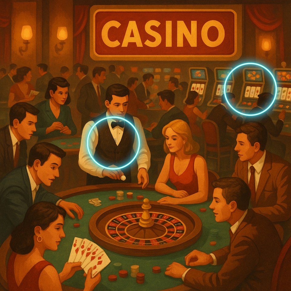 Ilustración de personas jugando a la ruleta en un casino.