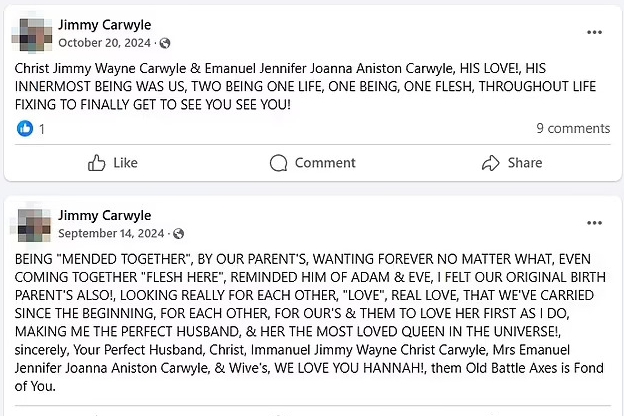 Capturas de pantalla de publicaciones de Facebook que expresan amor y devoción.