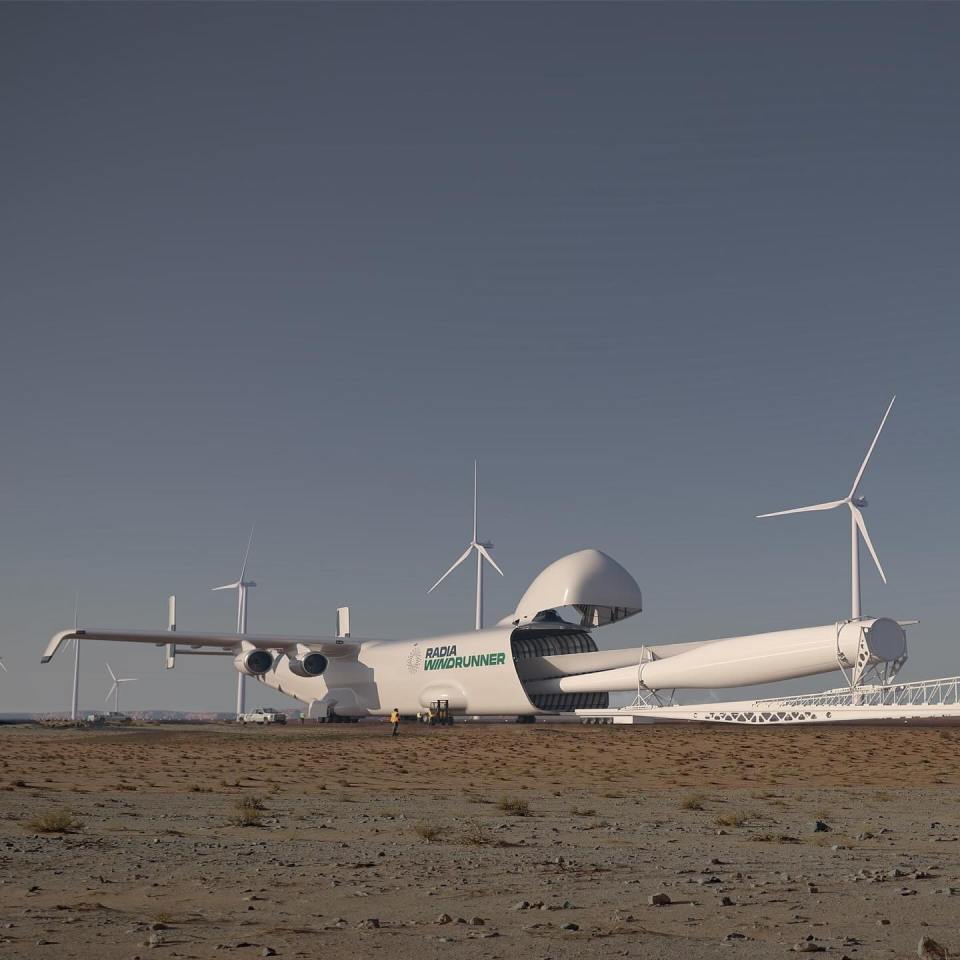 Ilustración del Windrunner, un gran avión de carga diseñado para transportar cuchillas de turbina eólica.