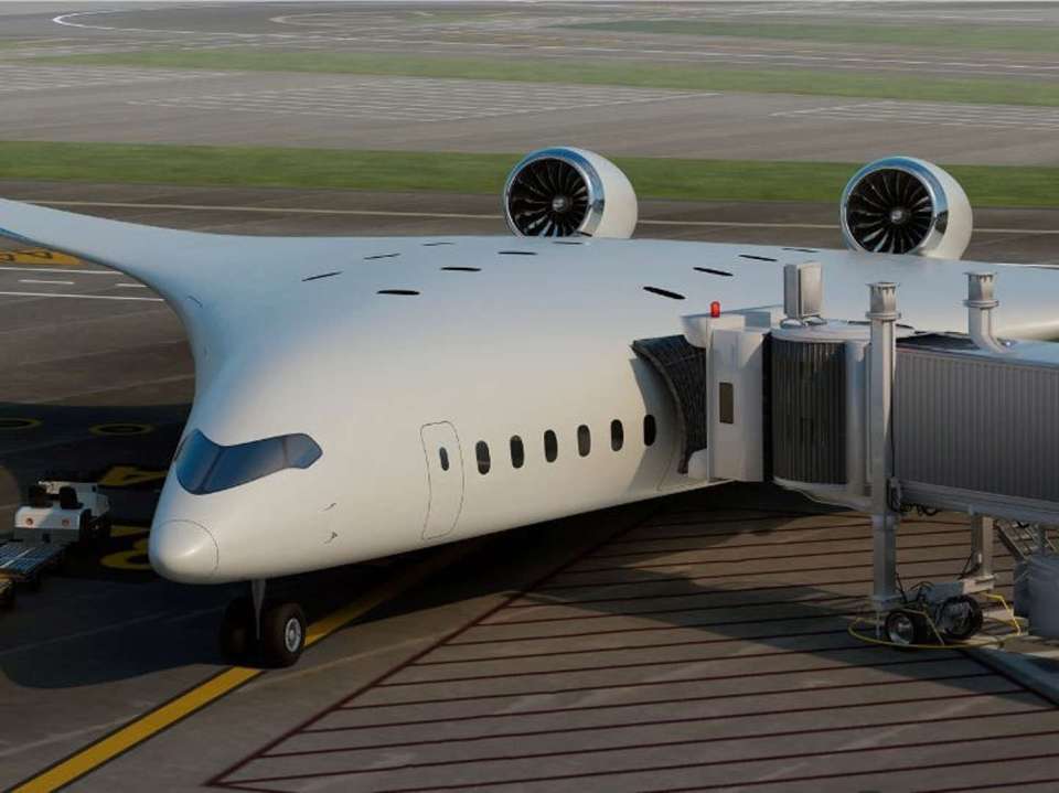 Ilustración de un avión futurista en una puerta.