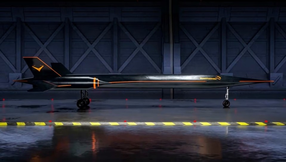 Ilustración de un avión hipersónico negro en un hangar.
