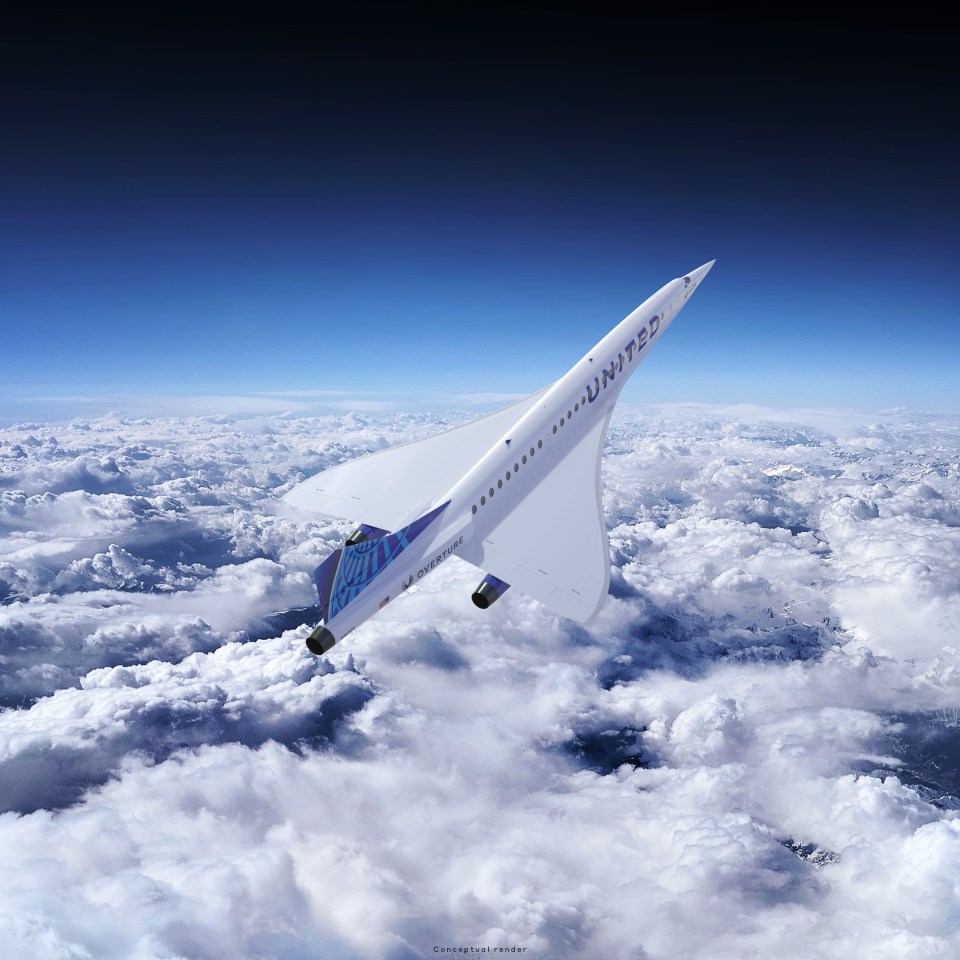 Representación conceptual de un avión supersónico de Aviersonic de United Airlines que vuela por encima de las nubes.