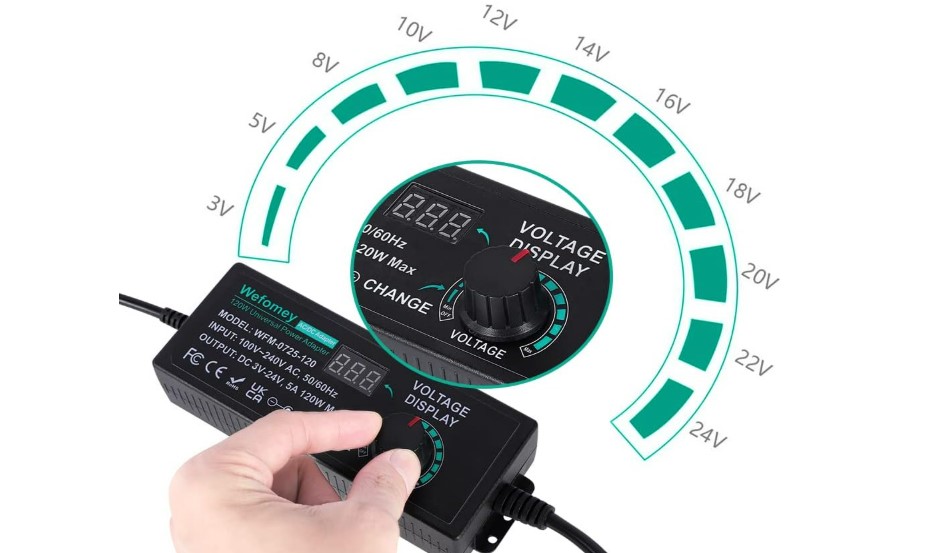 Convertidor AC/CC ajustable de 100V-240V con pantalla LED de voltaje.
