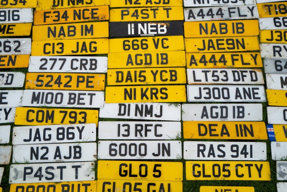 Colección de placas de números británicos en la hierba.